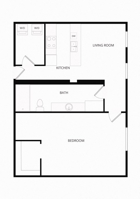 Floor plan for 1 bed, 1 bath, 738 sqft